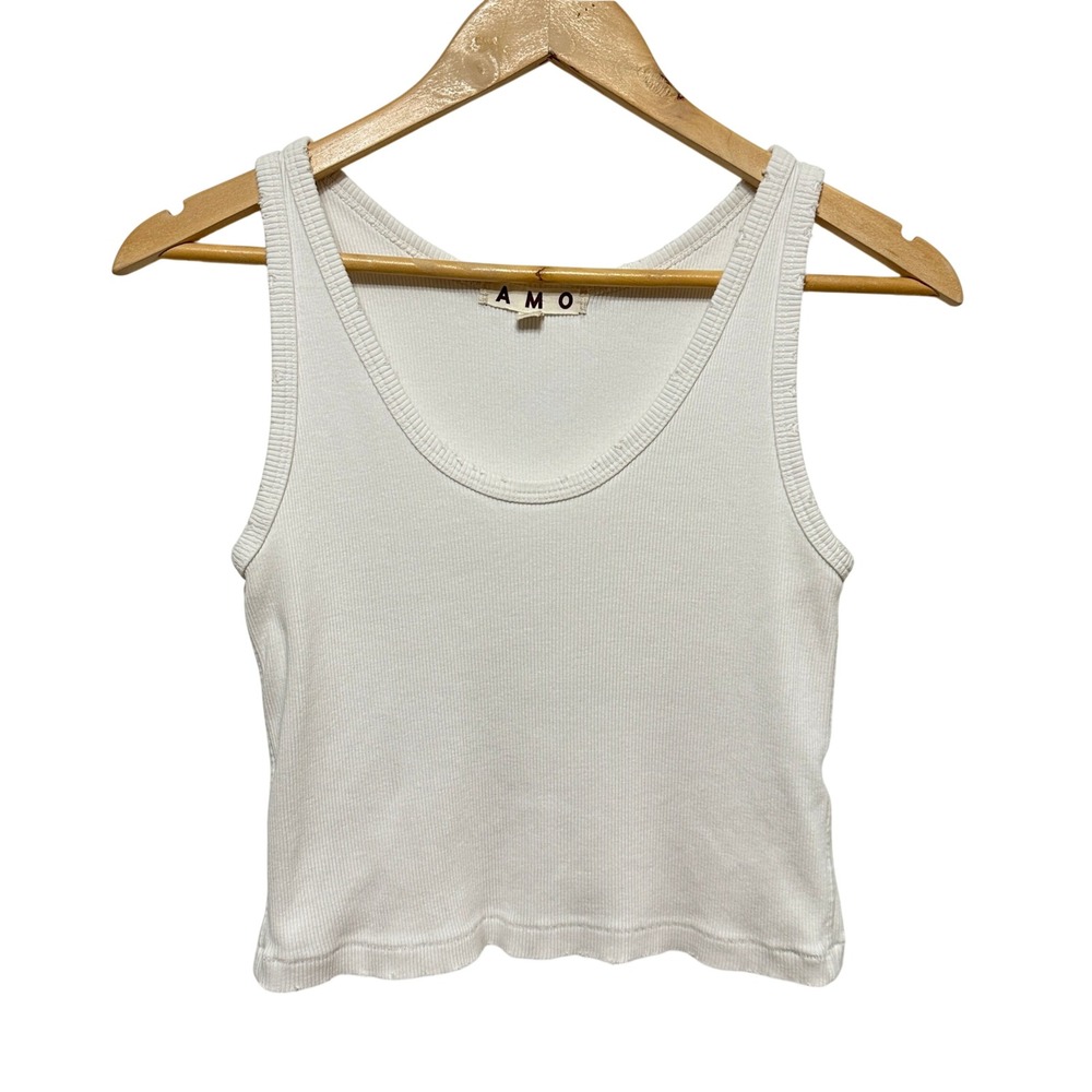 AMO Distressed Crop Tank Top Womens Medium White Ribbed Cotton Made USA Festival